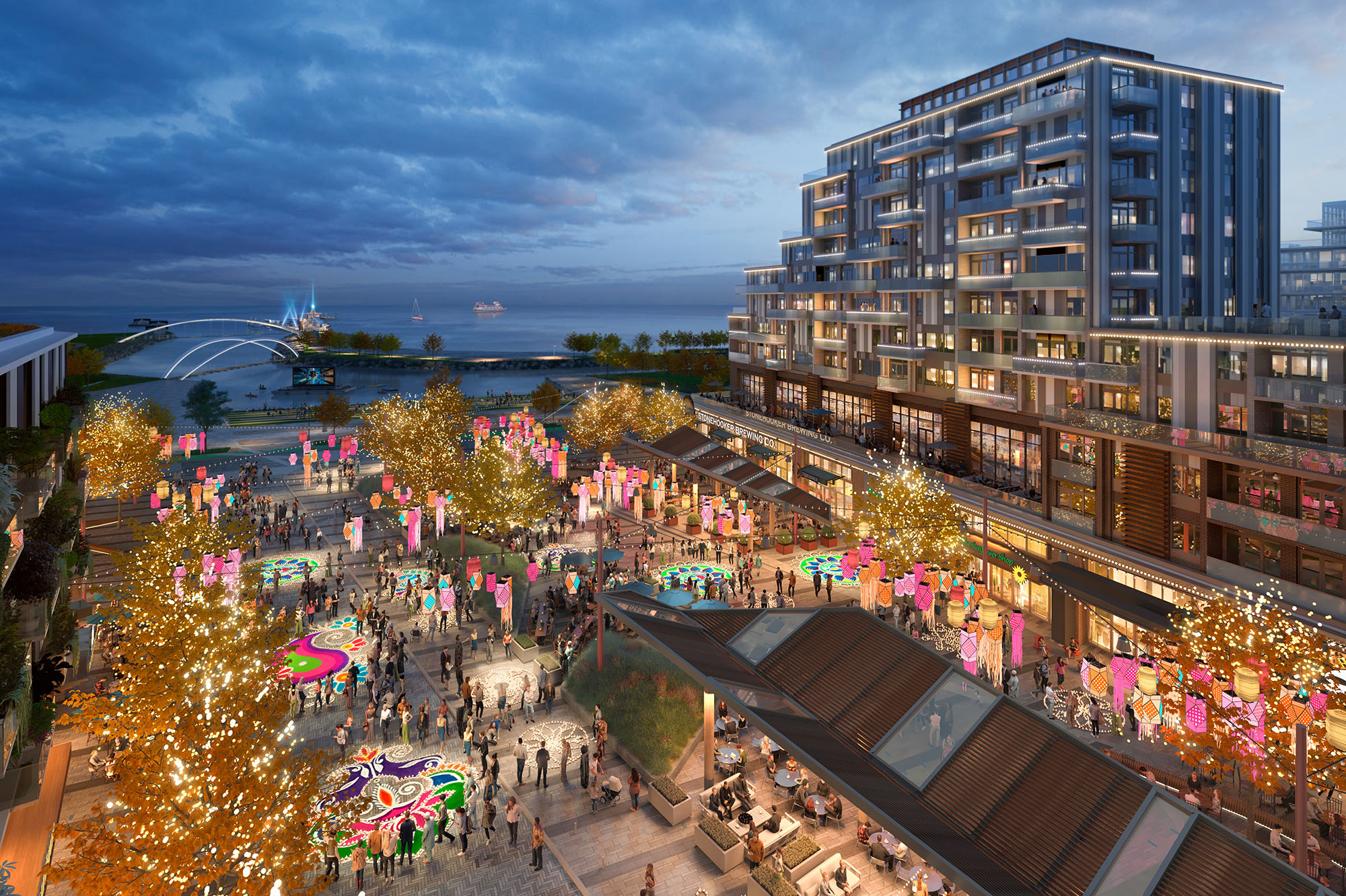 rendering of waterfront during a night market
